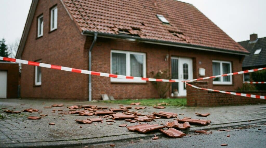 Verkehrssicherungspflicht verletzt? Herabgefallene Dachziegel mit Absperrband