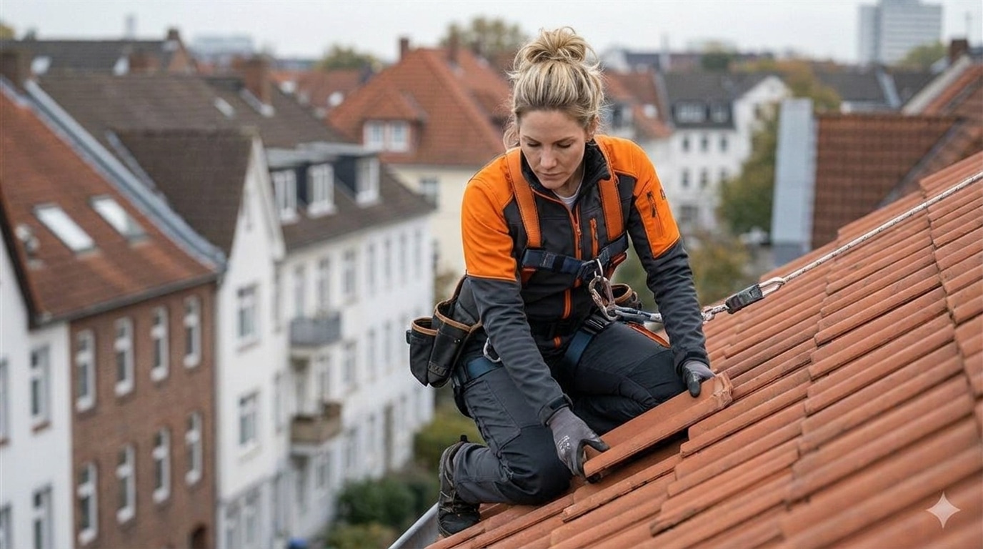 Verkehrssicherungspflicht Dach: Vorarbeiterin kontrolliert Dachziegel